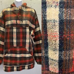 Vintage 1970s Mexican Oaxaca Woven Plaid Baja Hooded Poncho XL